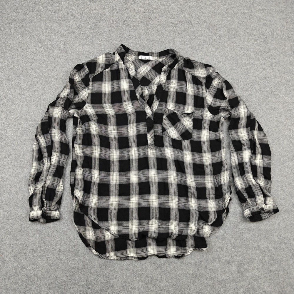 Lila Li Blouse Womens Medium Black White Plaid V Neck Tunic Top Long‎ Sleeve